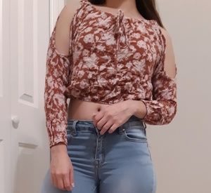 Floral terracotta long sleeve crop top
